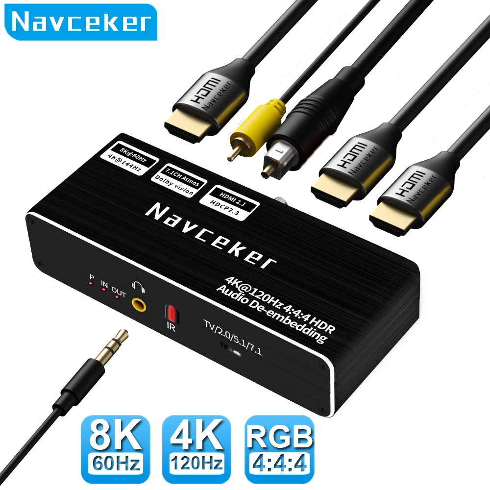 HDMI 2.1 Audio Extractor Converter 4K 120Hz HDMI 2.1 Audio Converter 8K HDMI to HDMI Audio+Video+Digital Coaxial Audio+Aux Audio