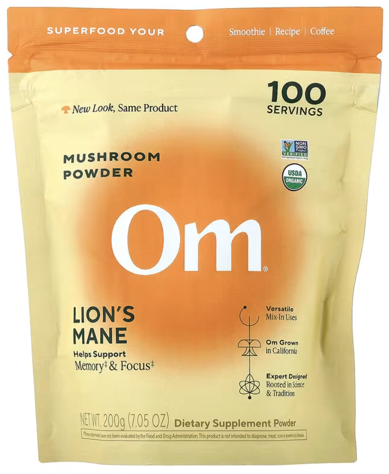 Om Mushrooms, Сертифицированный органический грибной порошок, львиная грива, 200 г (7,05 унции)