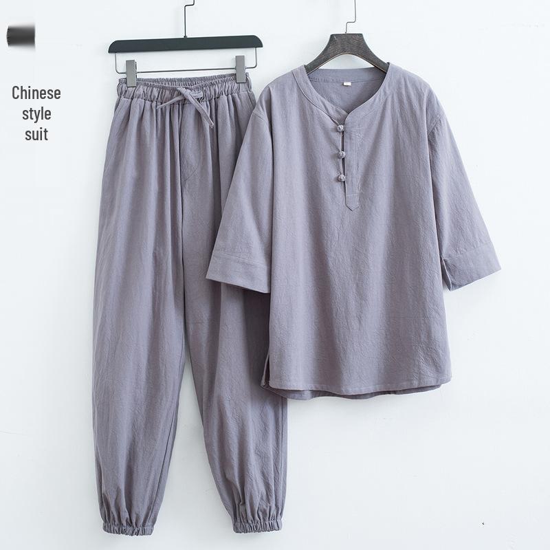 Мужской белый костюм для медитации Дзен-буддизма: Хлопково-льняная даосская ряса и топ в стиле Тан L